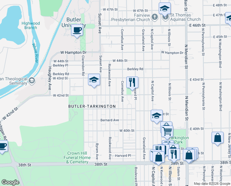 map of restaurants, bars, coffee shops, grocery stores, and more near 4209 Rookwood Avenue in Indianapolis