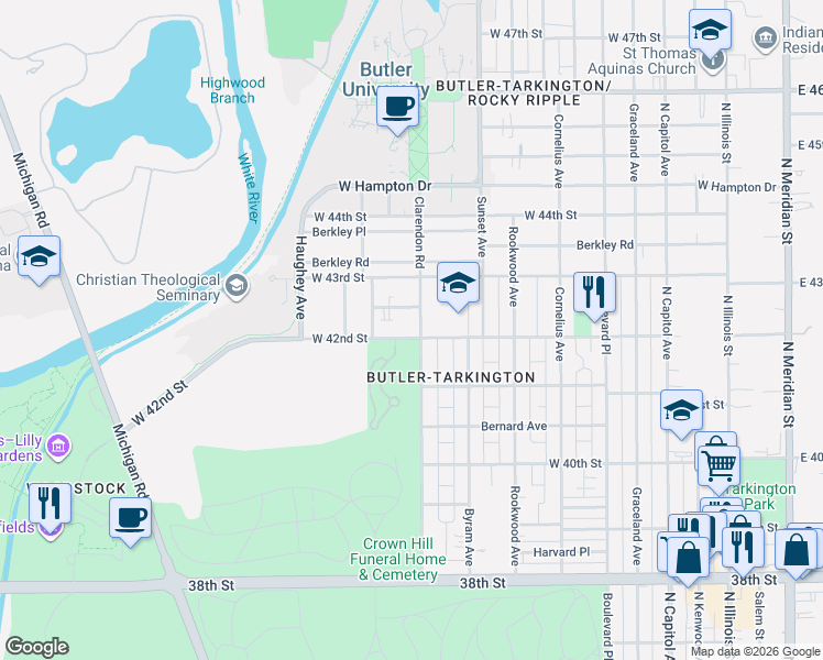 map of restaurants, bars, coffee shops, grocery stores, and more near 710 West 42nd Street in Indianapolis