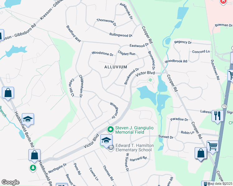 map of restaurants, bars, coffee shops, grocery stores, and more near 12 Woodstone Drive in Voorhees Township