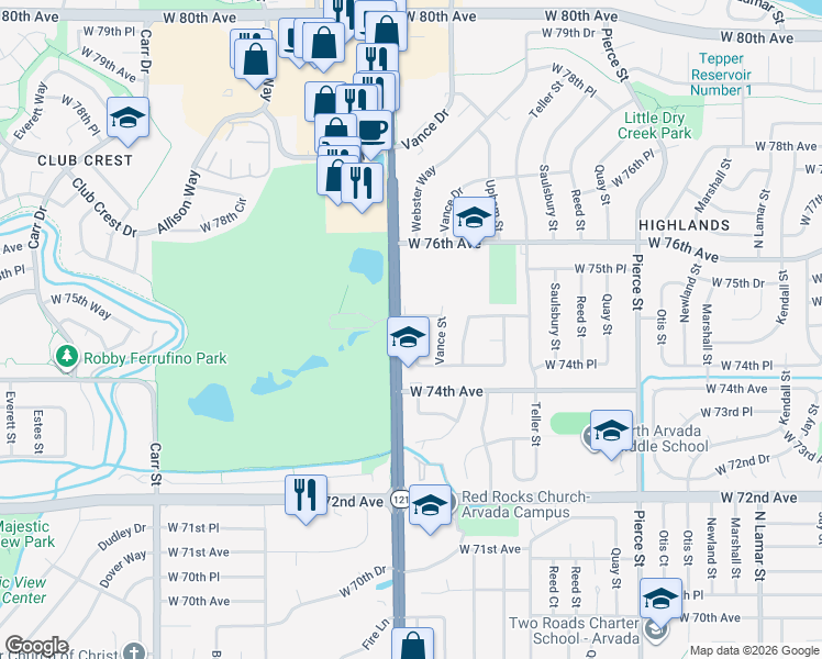 map of restaurants, bars, coffee shops, grocery stores, and more near 7471 Webster Street in Arvada