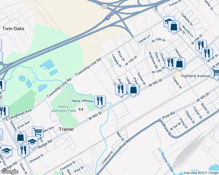 map of restaurants, bars, coffee shops, grocery stores, and more near 5 Nealy Boulevard in Trainer