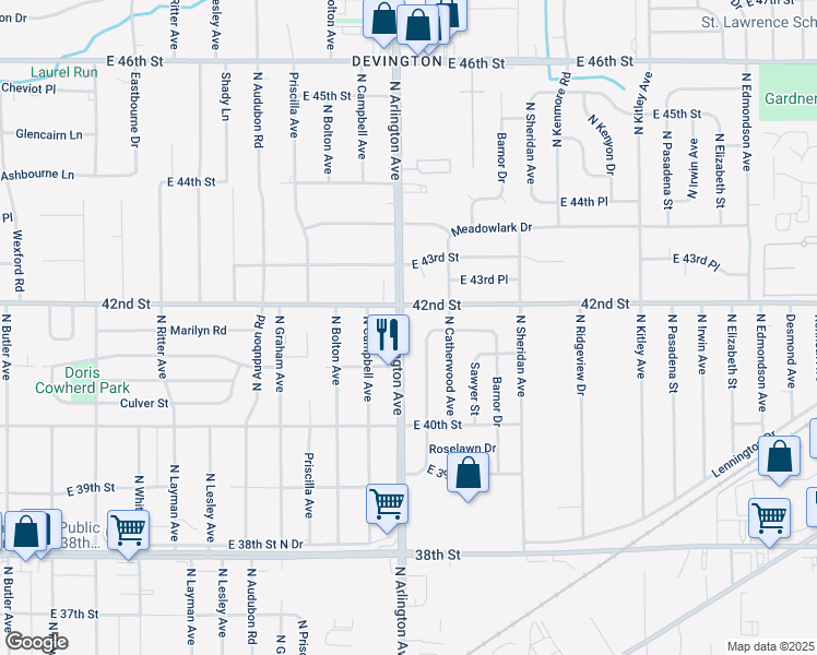 map of restaurants, bars, coffee shops, grocery stores, and more near 6022 Marilyn Road in Indianapolis