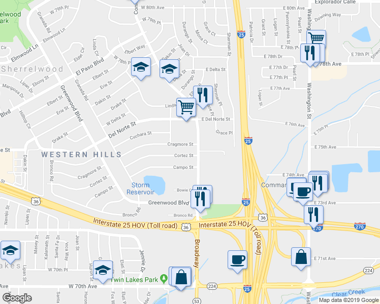 map of restaurants, bars, coffee shops, grocery stores, and more near 61 Cortez St in Denver