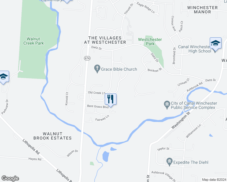 map of restaurants, bars, coffee shops, grocery stores, and more near 7329 Snowberry Lane in Canal Winchester