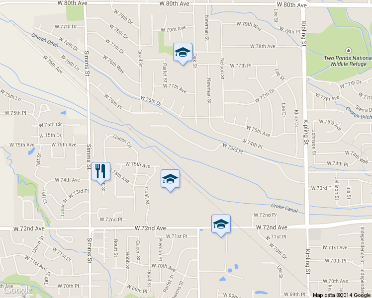 map of restaurants, bars, coffee shops, grocery stores, and more near 10500 West 73rd Place in Arvada