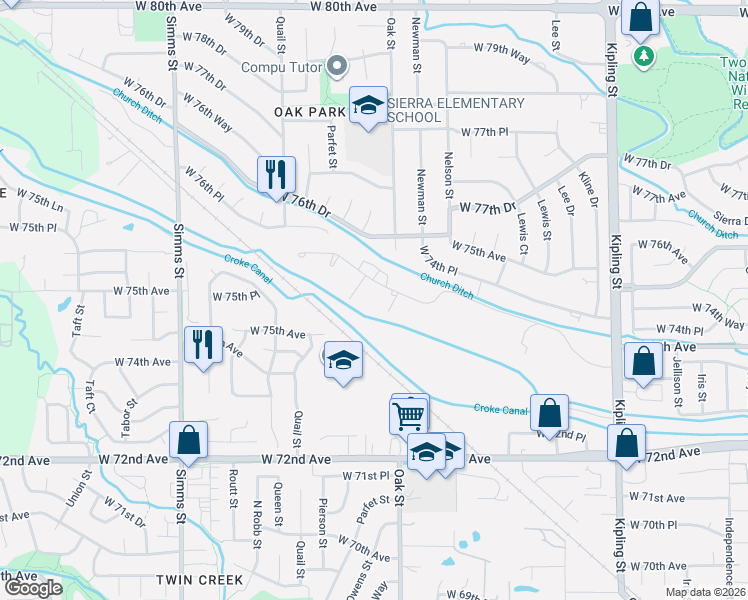 map of restaurants, bars, coffee shops, grocery stores, and more near 10500 West 73rd Place in Arvada