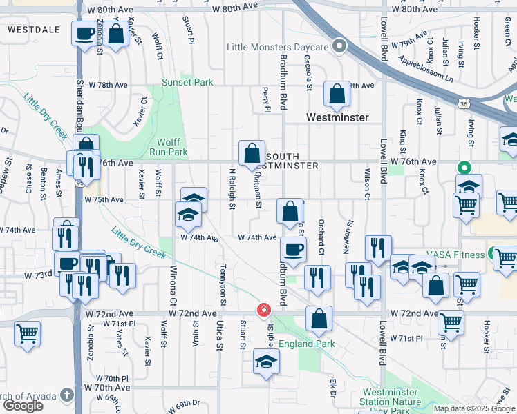 map of restaurants, bars, coffee shops, grocery stores, and more near 7485 Quitman Street in Westminster