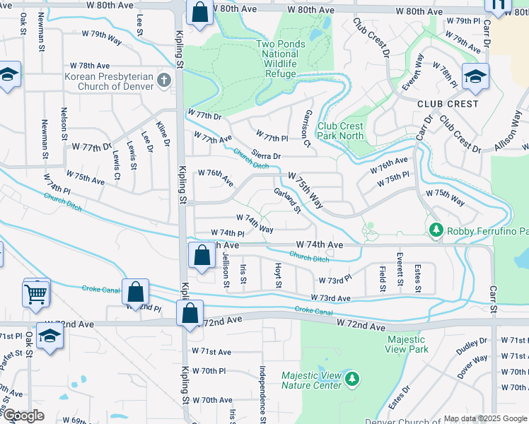 map of restaurants, bars, coffee shops, grocery stores, and more near 9692 West 75th Avenue in Arvada