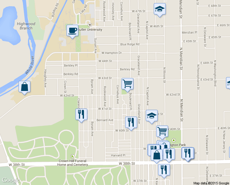 map of restaurants, bars, coffee shops, grocery stores, and more near 4206 Cornelius Avenue in Indianapolis