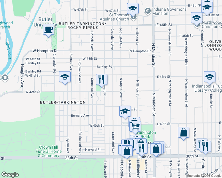 map of restaurants, bars, coffee shops, grocery stores, and more near 4218 Graceland Avenue in Indianapolis