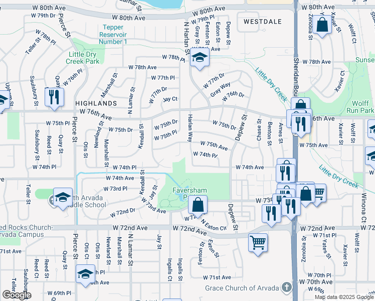 map of restaurants, bars, coffee shops, grocery stores, and more near 7444 Ingalls Court in Arvada