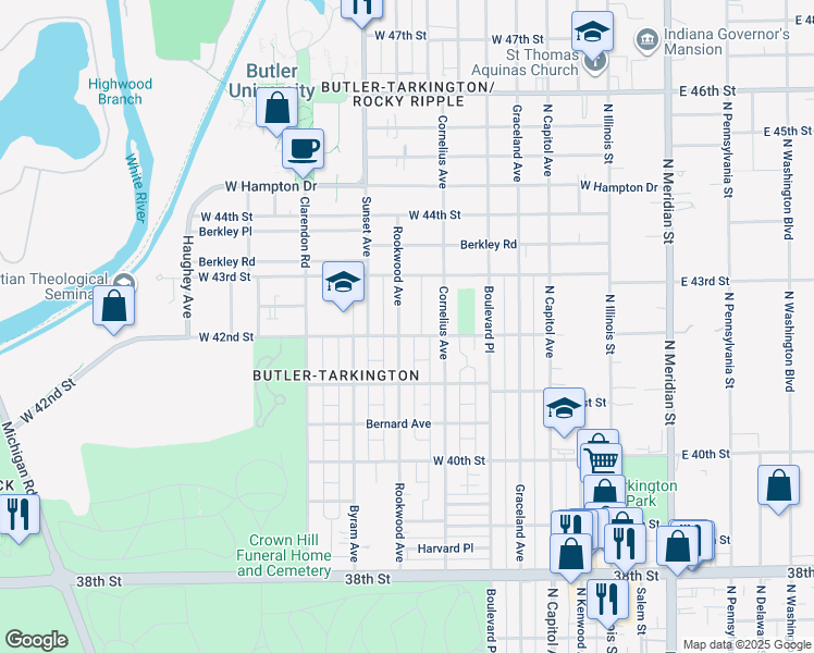 map of restaurants, bars, coffee shops, grocery stores, and more near 4209 Rookwood Avenue in Indianapolis