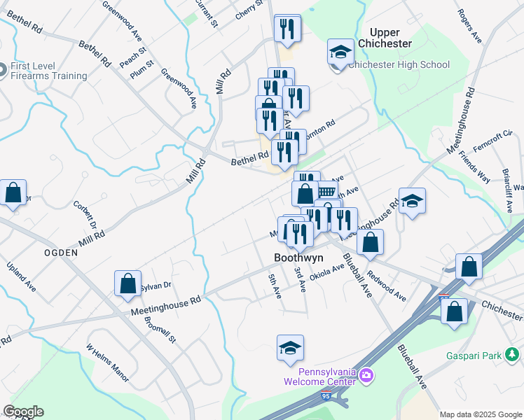 map of restaurants, bars, coffee shops, grocery stores, and more near 1617 Ogden Avenue in Boothwyn