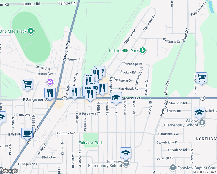 map of restaurants, bars, coffee shops, grocery stores, and more near 2300-2398 Kick a Poo Drive in Springfield