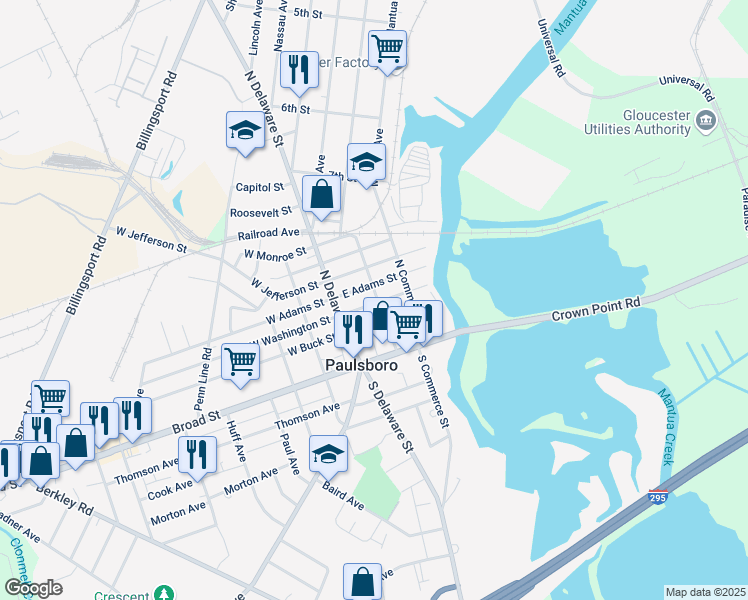 map of restaurants, bars, coffee shops, grocery stores, and more near 37 East Washington Street in Paulsboro