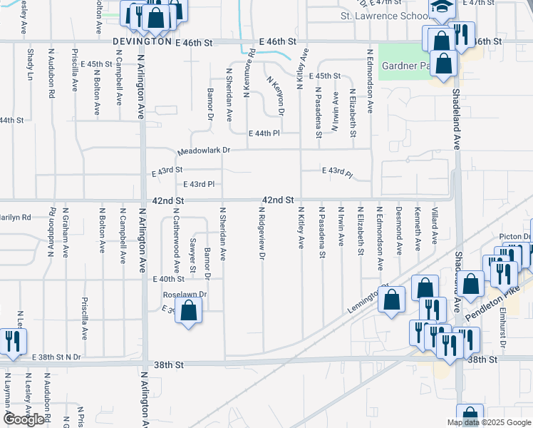 map of restaurants, bars, coffee shops, grocery stores, and more near 6435 East 42nd Street in Indianapolis