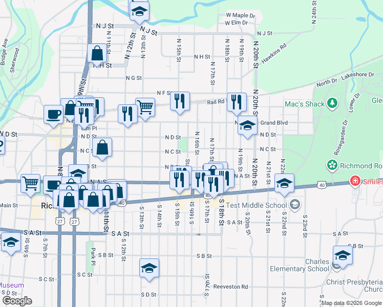 map of restaurants, bars, coffee shops, grocery stores, and more near 1521 North C Street in Richmond