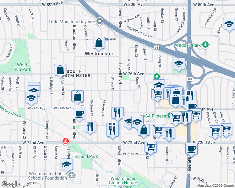 map of restaurants, bars, coffee shops, grocery stores, and more near 7488c Lowell Boulevard in Westminster