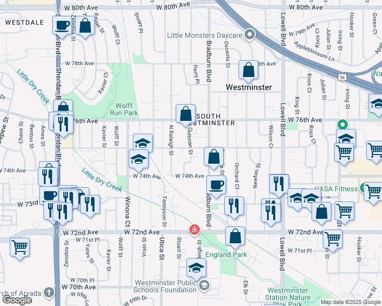map of restaurants, bars, coffee shops, grocery stores, and more near 7485 Quitman Street in Westminster