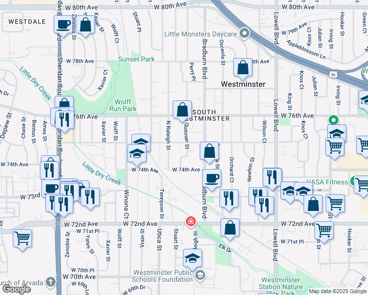 map of restaurants, bars, coffee shops, grocery stores, and more near 7485 Quitman Street in Westminster