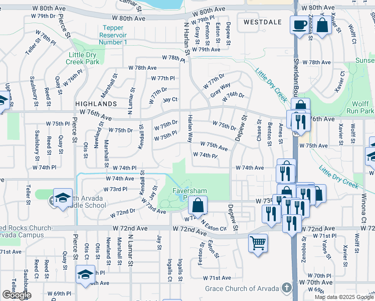 map of restaurants, bars, coffee shops, grocery stores, and more near 7444 Ingalls Court in Arvada
