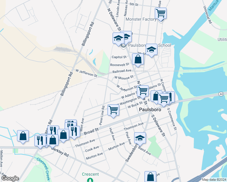 map of restaurants, bars, coffee shops, grocery stores, and more near 158 McCorkell Avenue in Paulsboro