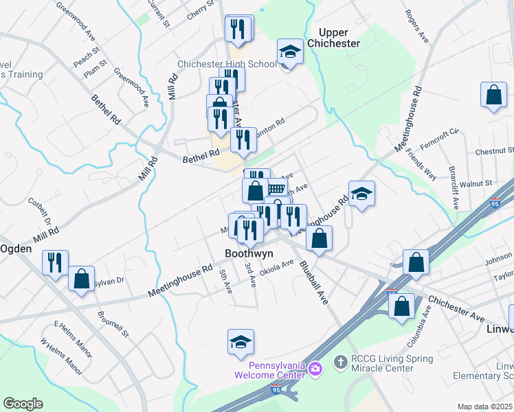 map of restaurants, bars, coffee shops, grocery stores, and more near in Boothwyn