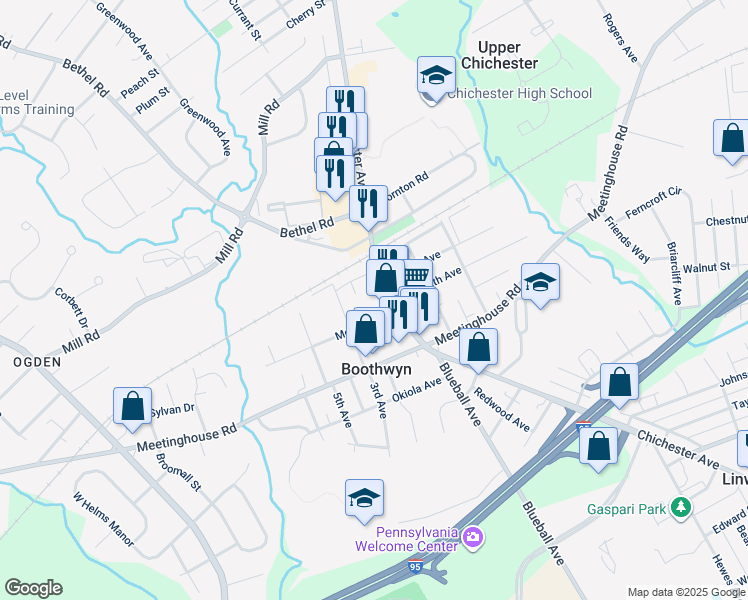 map of restaurants, bars, coffee shops, grocery stores, and more near in Boothwyn