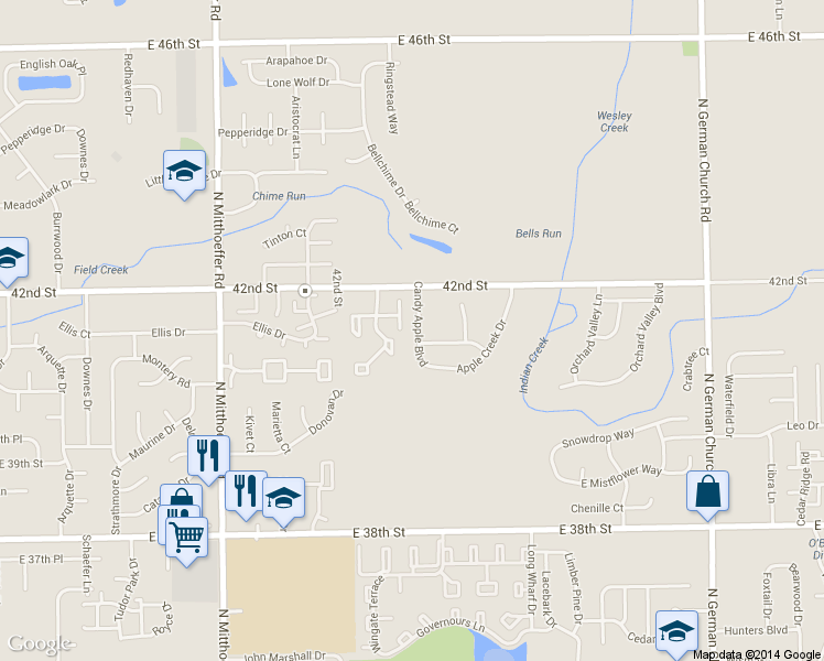 map of restaurants, bars, coffee shops, grocery stores, and more near 4119 Candy Apple Boulevard in Indianapolis