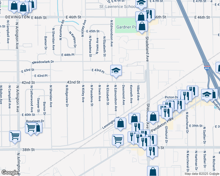 map of restaurants, bars, coffee shops, grocery stores, and more near 4156 North Elizabeth Street in Indianapolis