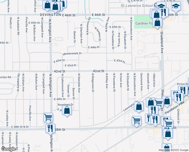 map of restaurants, bars, coffee shops, grocery stores, and more near 6435 East 42nd Street in Indianapolis