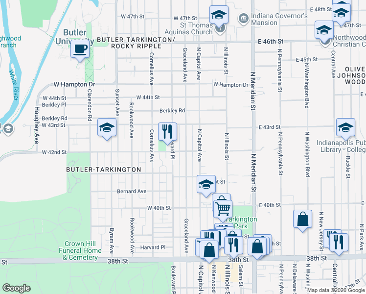 map of restaurants, bars, coffee shops, grocery stores, and more near 4218 Graceland Avenue in Indianapolis