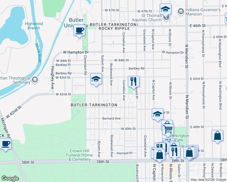 map of restaurants, bars, coffee shops, grocery stores, and more near 4209 Rookwood Avenue in Indianapolis