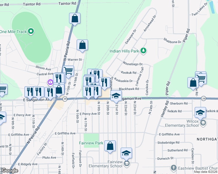 map of restaurants, bars, coffee shops, grocery stores, and more near 2300-2398 Kick a Poo Drive in Springfield