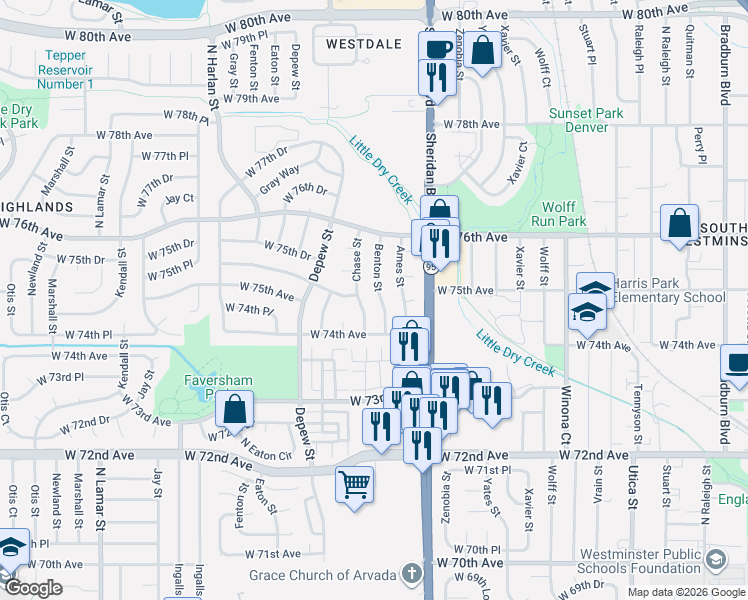 map of restaurants, bars, coffee shops, grocery stores, and more near 7473 Benton Street in Arvada