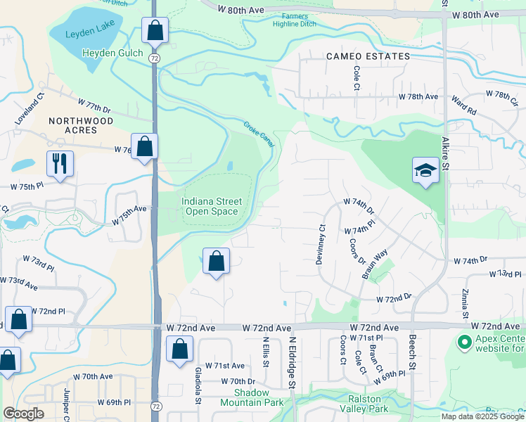 map of restaurants, bars, coffee shops, grocery stores, and more near 14264 West 74th Drive in Arvada