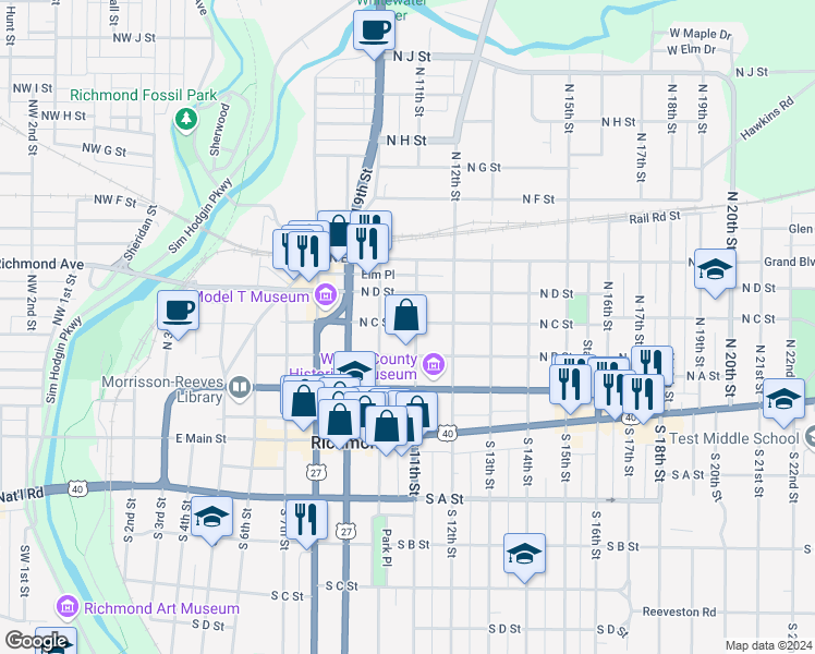 map of restaurants, bars, coffee shops, grocery stores, and more near 224 North 11th Street in Richmond
