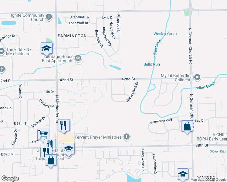 map of restaurants, bars, coffee shops, grocery stores, and more near 4119 Candy Apple Boulevard in Indianapolis