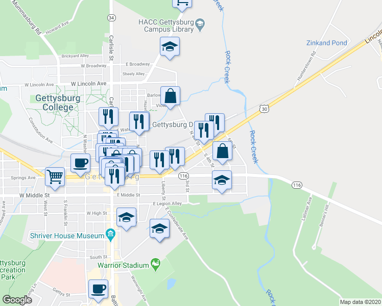 map of restaurants, bars, coffee shops, grocery stores, and more near 346 York Street in Gettysburg