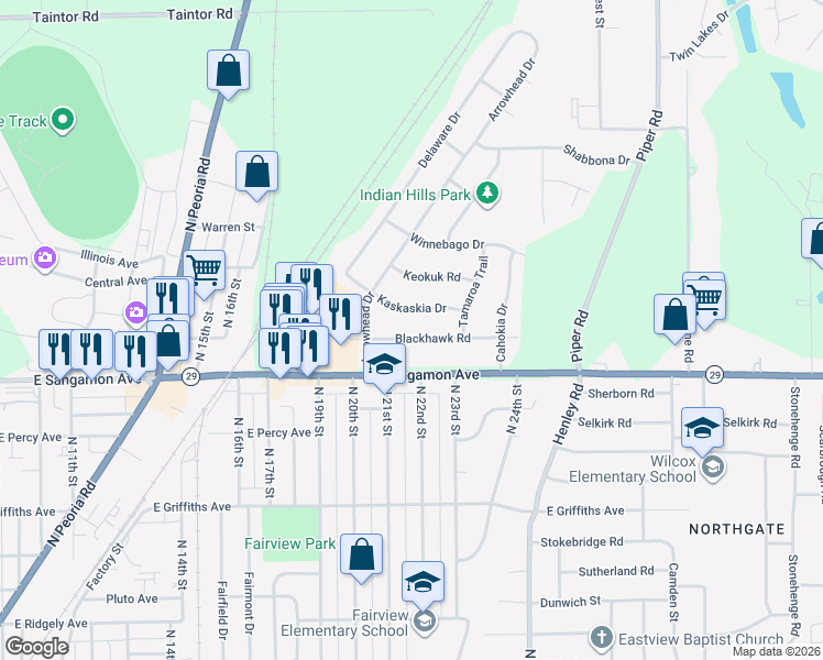 map of restaurants, bars, coffee shops, grocery stores, and more near 2127 Blackhawk Road in Springfield