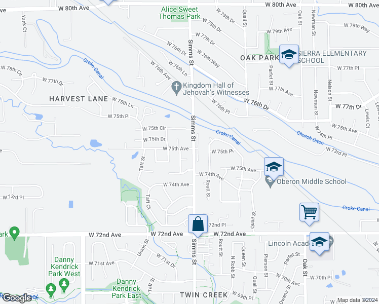 map of restaurants, bars, coffee shops, grocery stores, and more near 11610 West 75th Avenue in Arvada