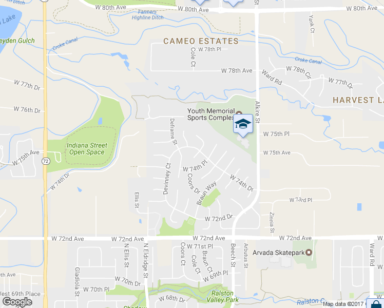 map of restaurants, bars, coffee shops, grocery stores, and more near 7387 Coors Street in Arvada