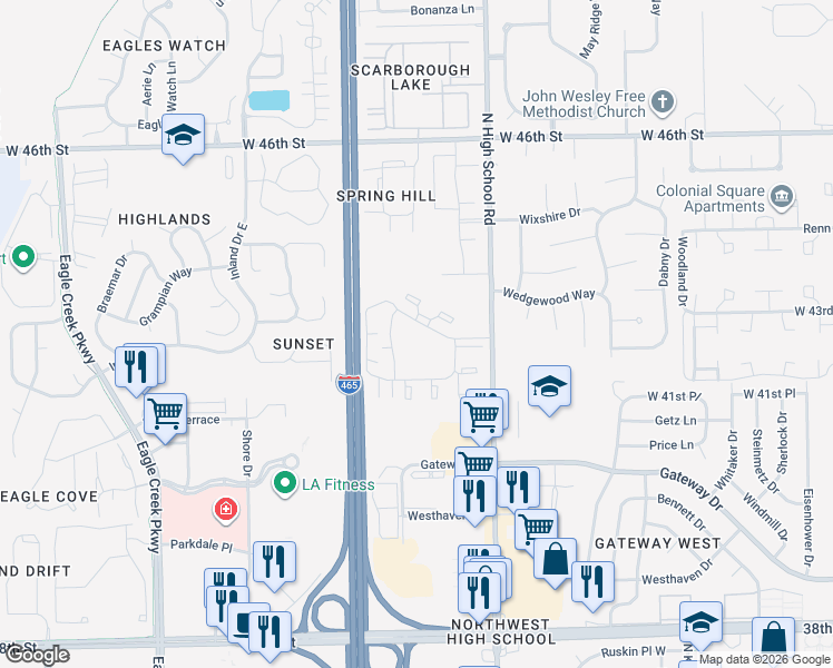 map of restaurants, bars, coffee shops, grocery stores, and more near 6363 Commons Drive in Indianapolis