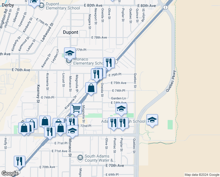 map of restaurants, bars, coffee shops, grocery stores, and more near 6999 East 74th Place in Commerce City