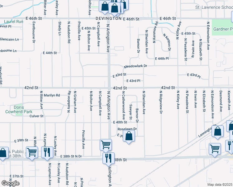 map of restaurants, bars, coffee shops, grocery stores, and more near 6022 Marilyn Road in Indianapolis