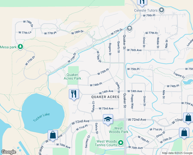 map of restaurants, bars, coffee shops, grocery stores, and more near 16794 West 75th Place in Arvada