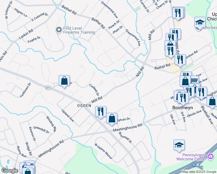 map of restaurants, bars, coffee shops, grocery stores, and more near 2224 Mill Road in Delaware County