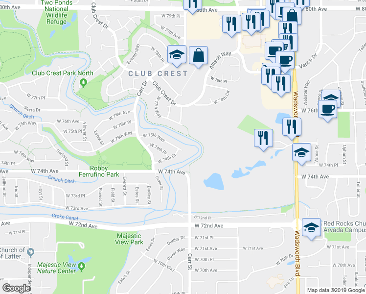 map of restaurants, bars, coffee shops, grocery stores, and more near 8339 West 75th Way in Arvada