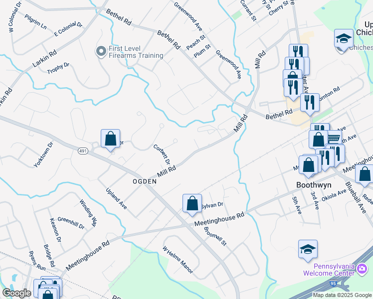 map of restaurants, bars, coffee shops, grocery stores, and more near 2224 Mill Road in Delaware County