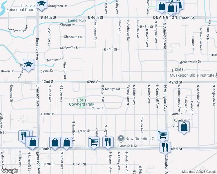 map of restaurants, bars, coffee shops, grocery stores, and more near 5542 Marilyn Road in Indianapolis